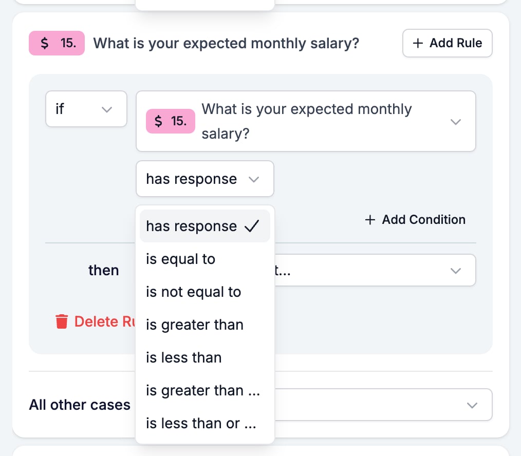 The Logic tab with the operator picker open on a Currency condition, listing has response, is equal to, is not equal to, and the four comparison operators