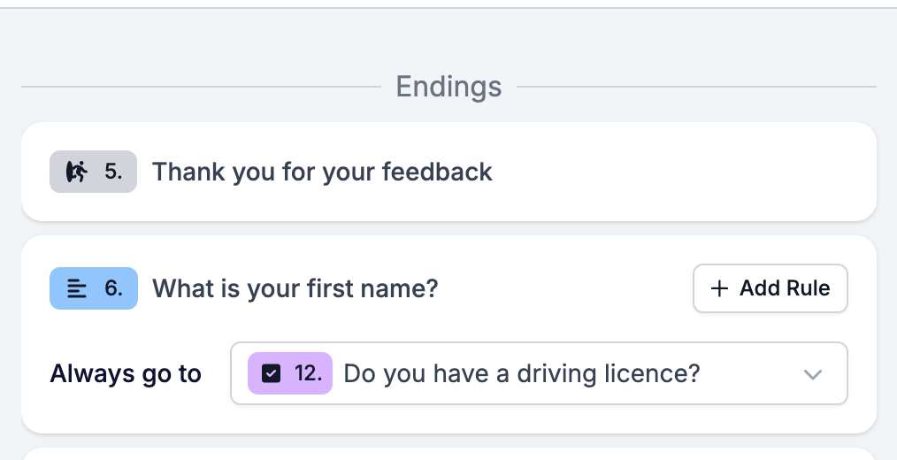 The Logic tab showing an ending row with no Add Rule button, next to a question row that has one
