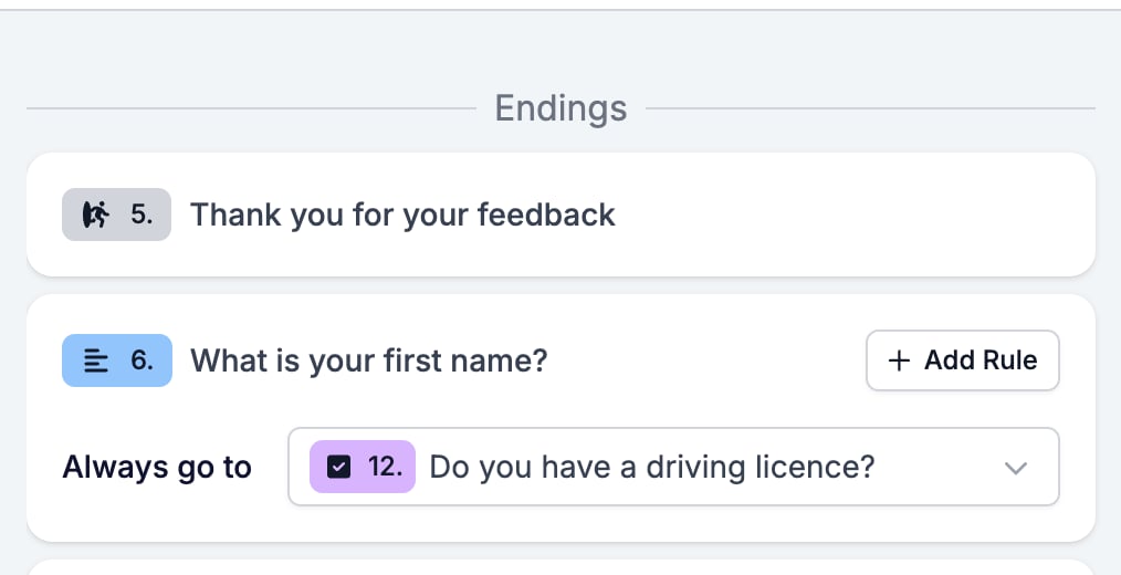 The Logic tab showing an ending row with no Add Rule button, next to a question row that has one