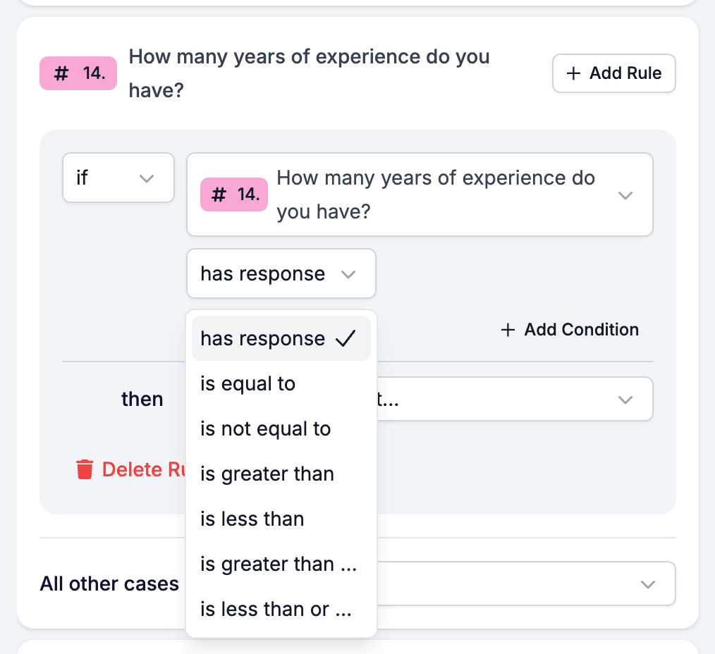 The Logic tab with the operator picker open on a Number condition, listing has response, is equal to, is not equal to, and the four comparison operators