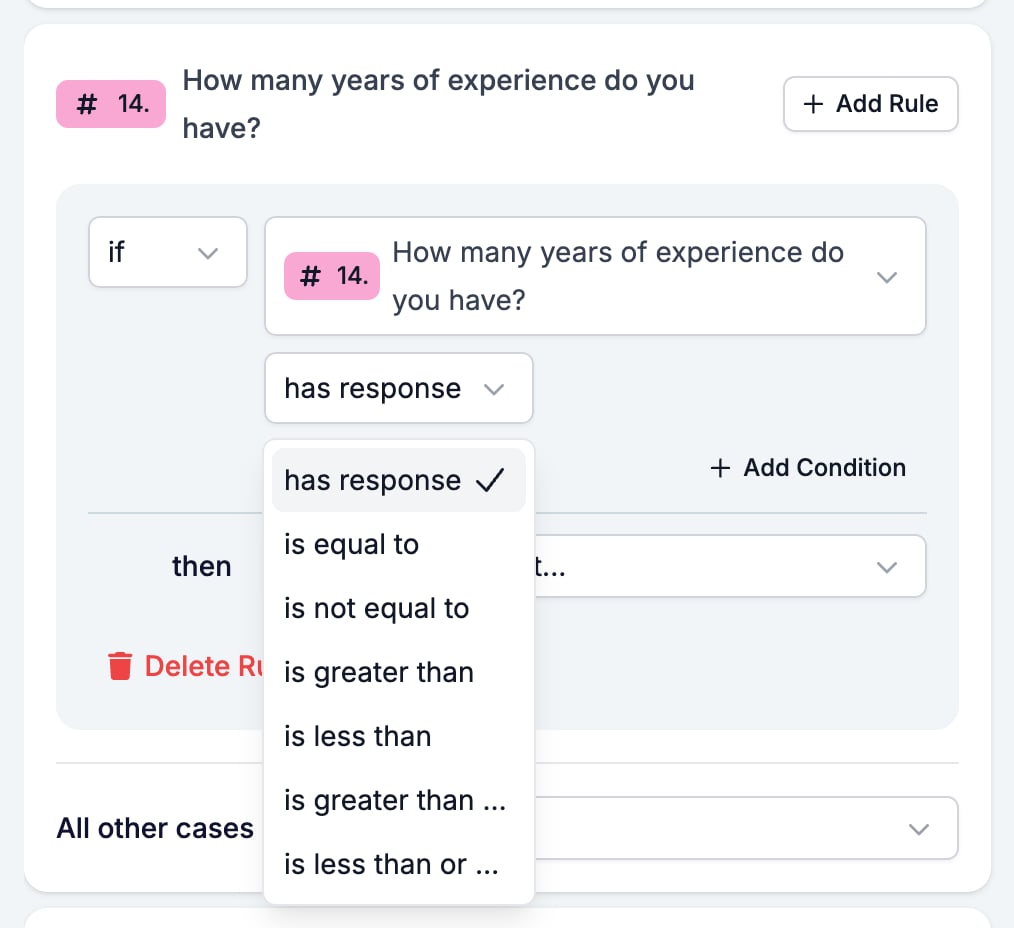 Der Logic-Tab mit geöffneter Operator-Auswahl auf einer Number-Bedingung, mit has response, is equal to, is not equal to und den vier Vergleichsoperatoren