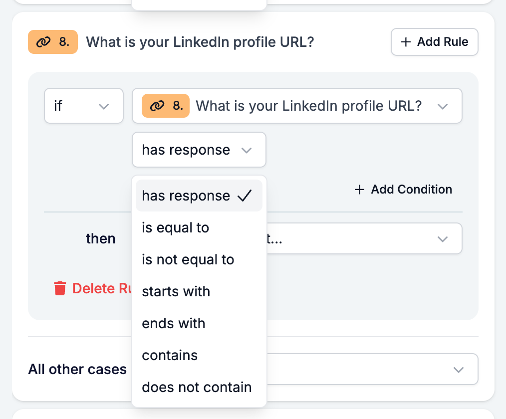 The Logic tab with the operator picker open on a Website condition, listing has response, is equal to, is not equal to, starts with, ends with, contains, and does not contain