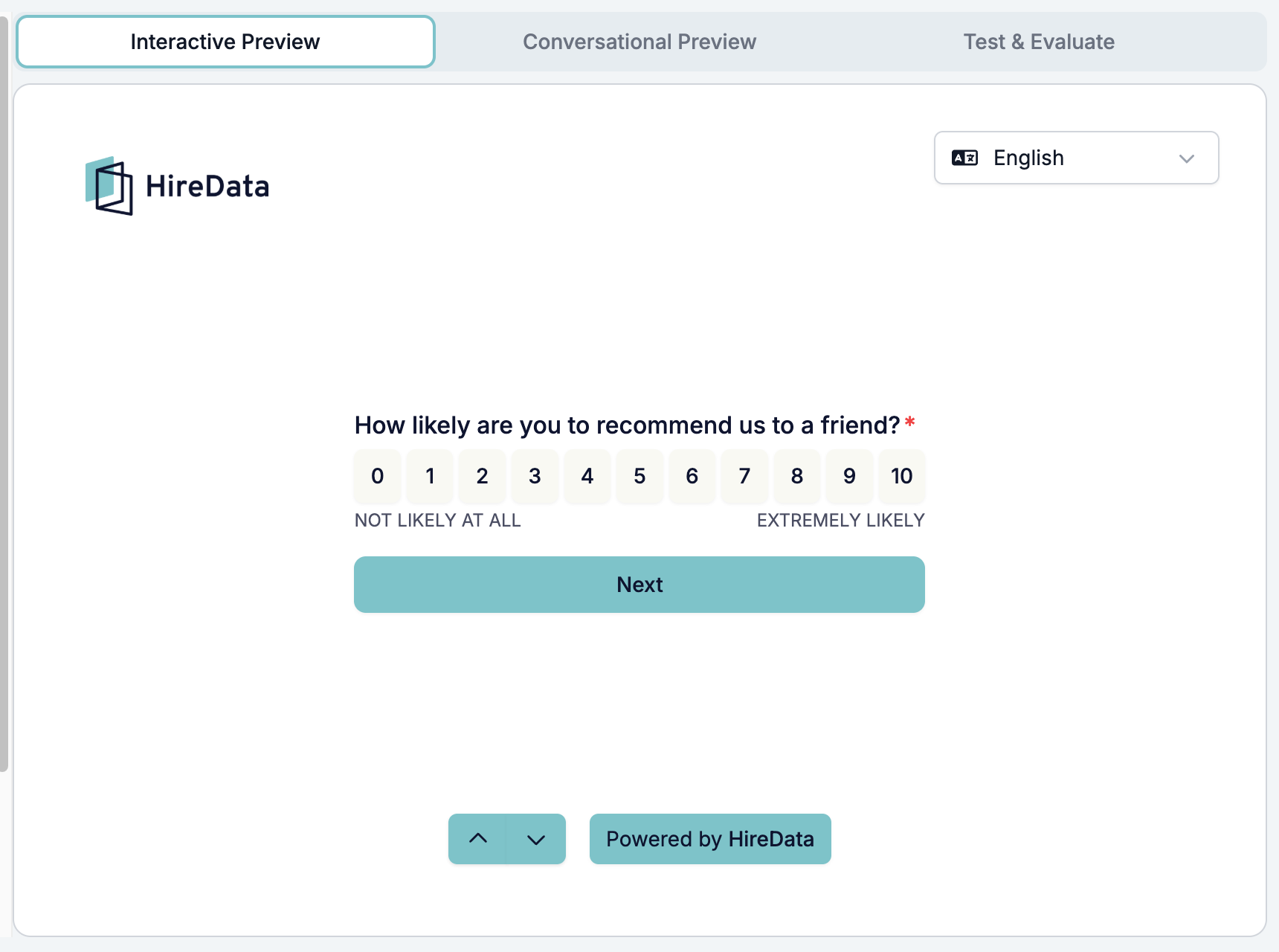 The Interactive Preview showing the first question of the form with its rating scale, the Next button, and the language picker