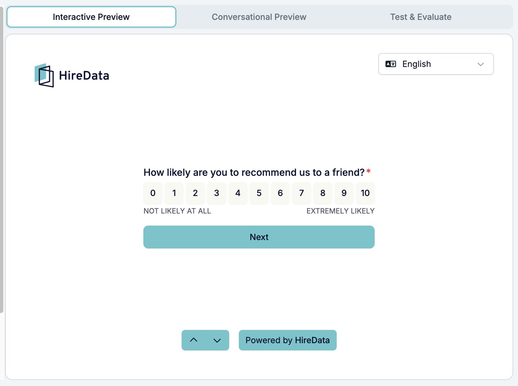The Interactive Preview showing the first question of the form with its rating scale, the Next button, and the language picker