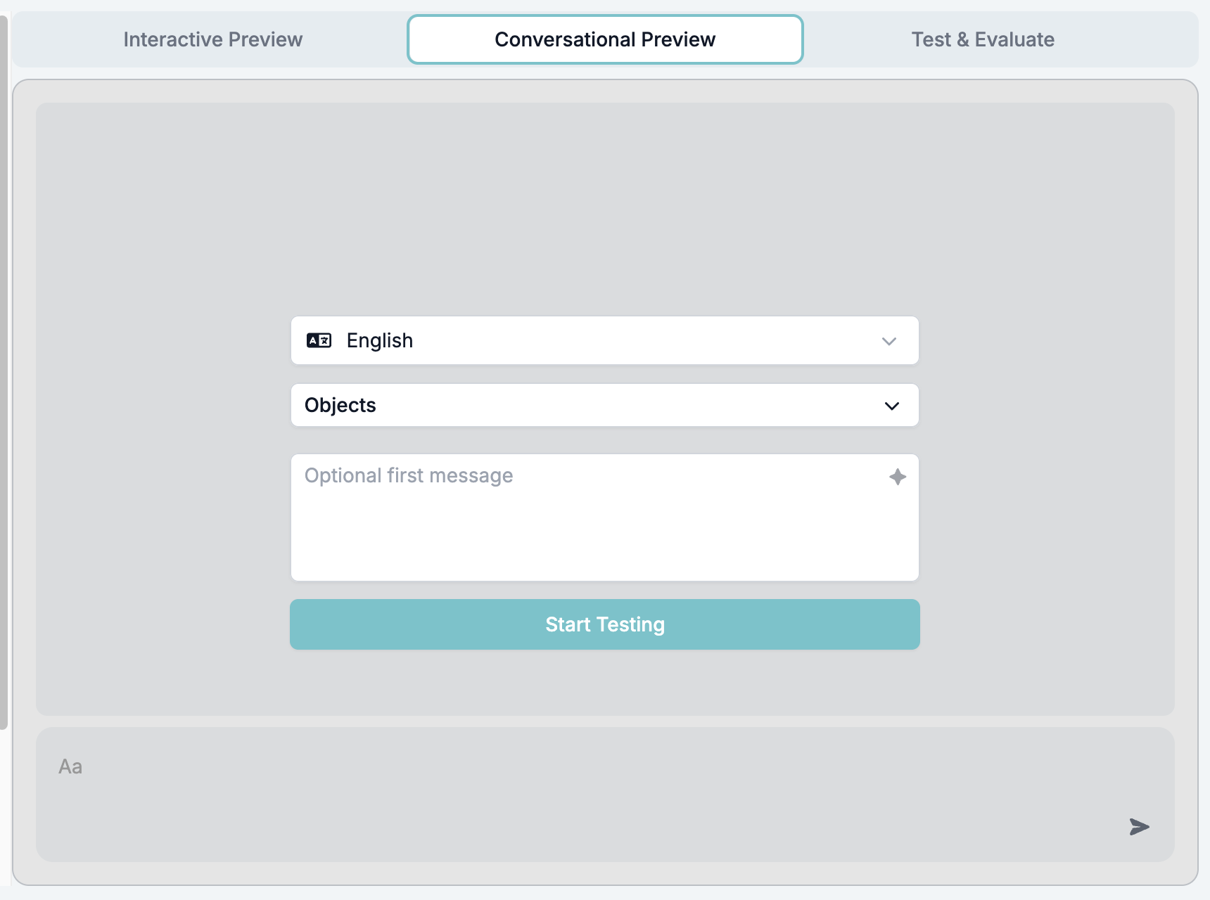 The Conversational Preview setup screen with the language picker, the Objects section, the optional first message box, and the Start Testing button