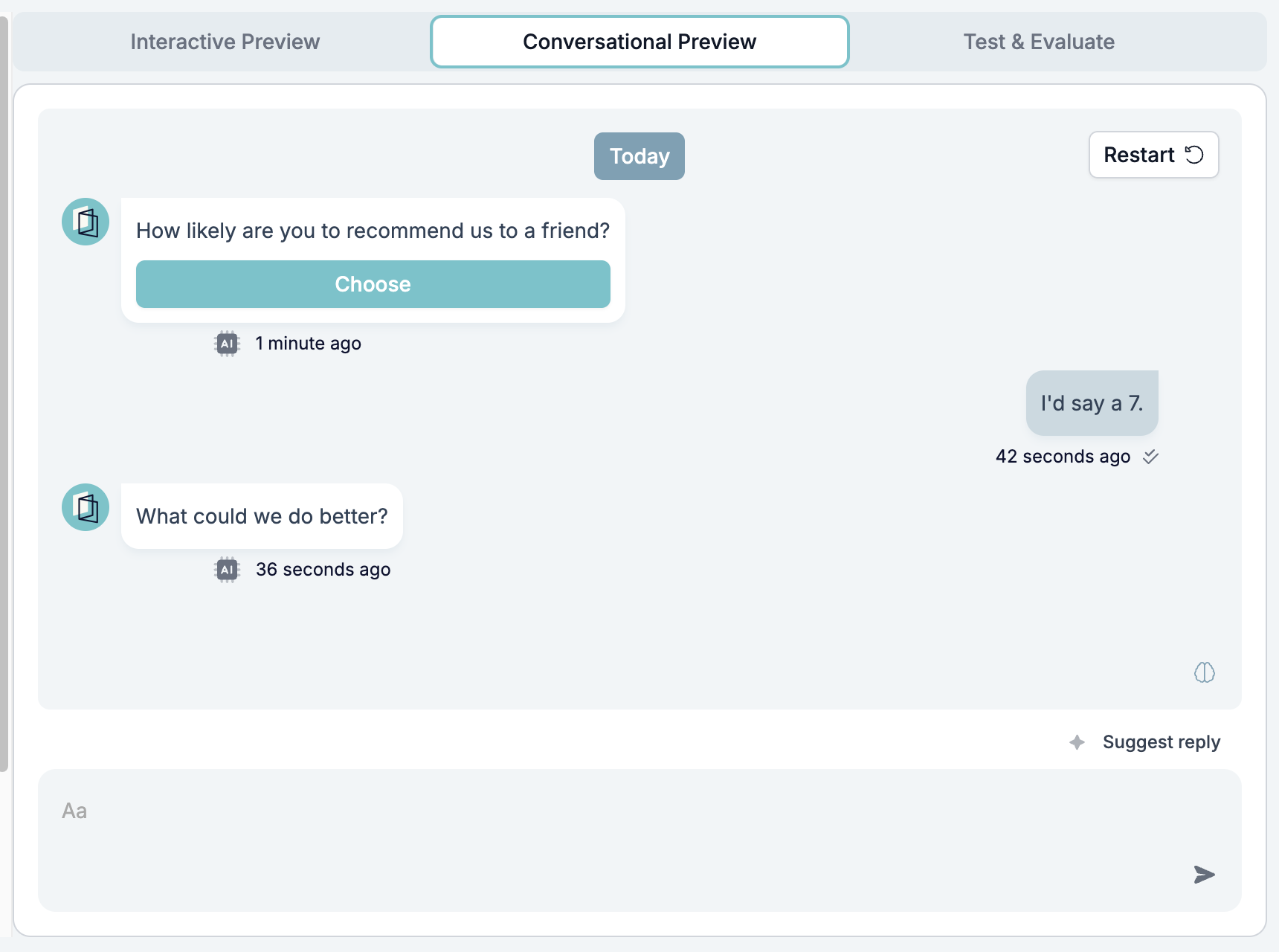 A conversation in progress: the first question with a Choose button, the tester's reply, and the follow-up question the logic picked