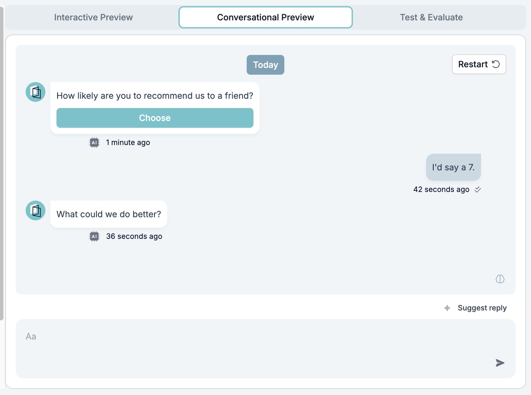 A conversation in progress: the first question with a Choose button, the tester's reply, and the follow-up question the logic picked