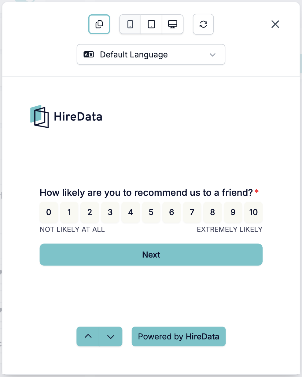 The preview window in its mobile view, with the copy button, the device switcher, the refresh button, and the language picker across the top