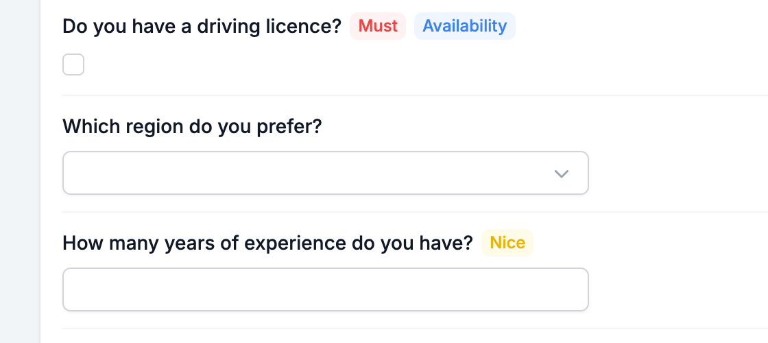 Three questions in Test & Evaluate, one badged Must and Availability, one badged Nice