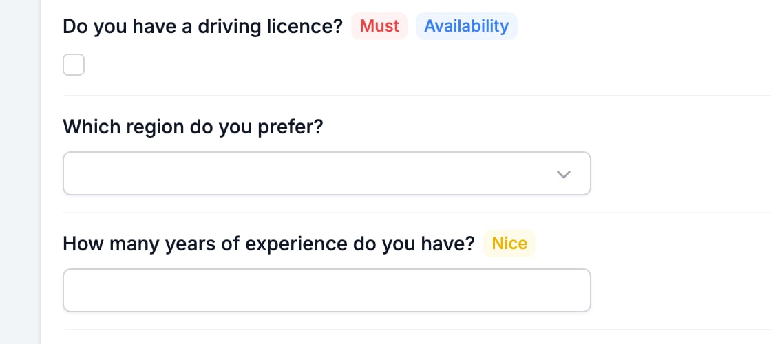 Three questions in Test & Evaluate, one badged Must and Availability, one badged Nice