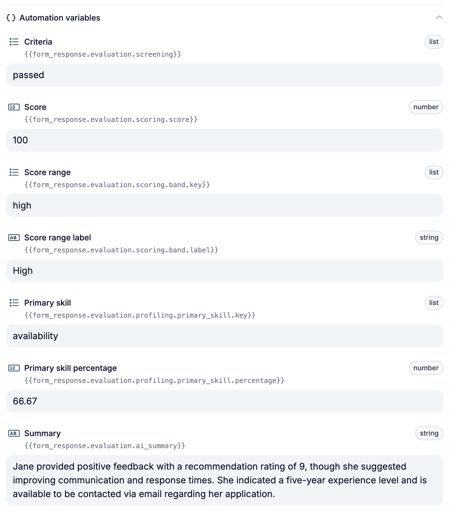 The Automation variables list, showing the criteria, score, score range, primary skill, and summary variables with their values