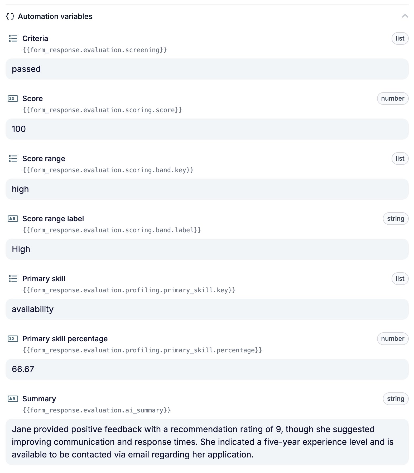 The Automation variables list, showing the criteria, score, score range, primary skill, and summary variables with their values