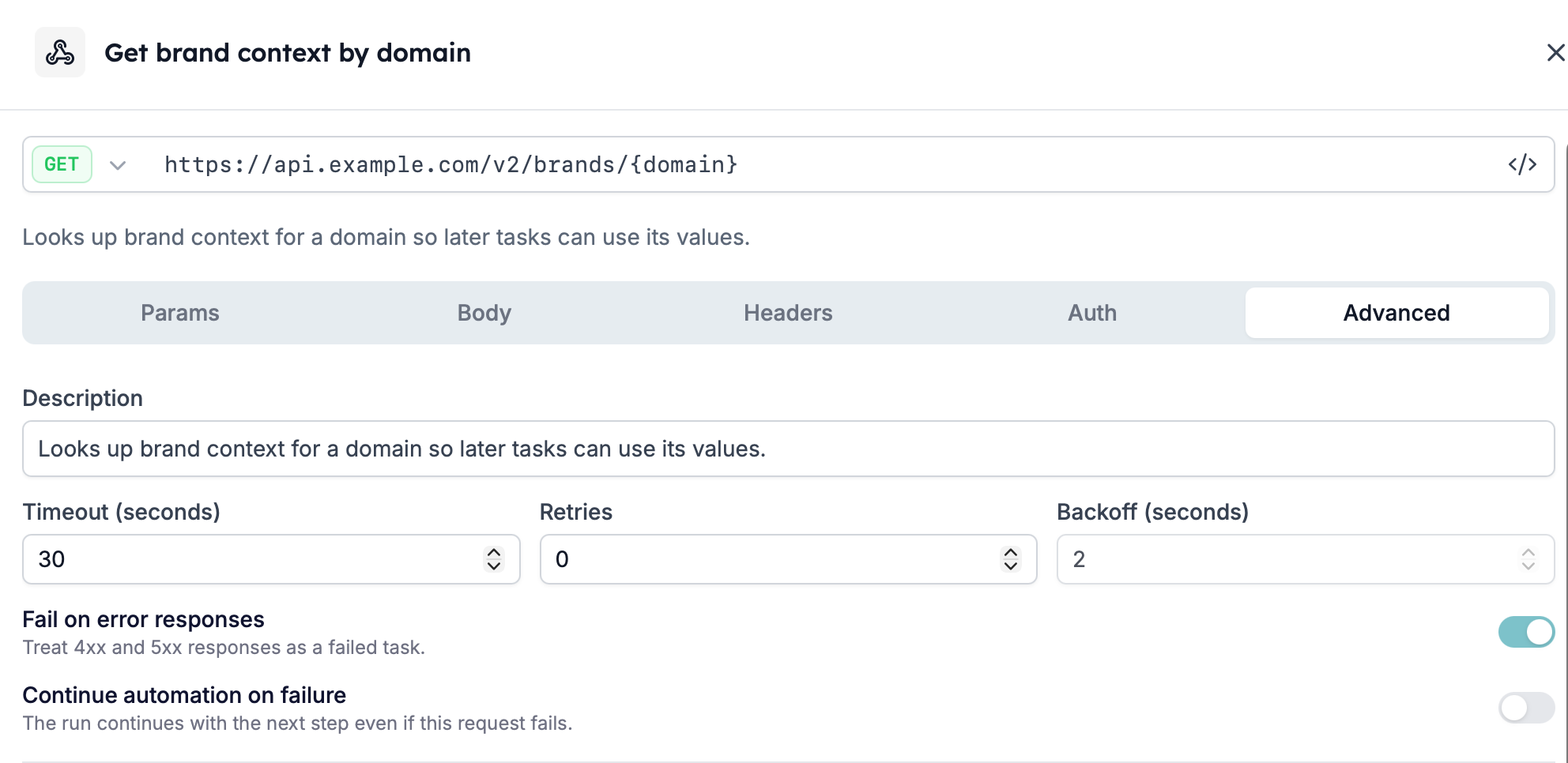 The Advanced tab showing Description, Timeout, Retries, Backoff, and the two failure switches