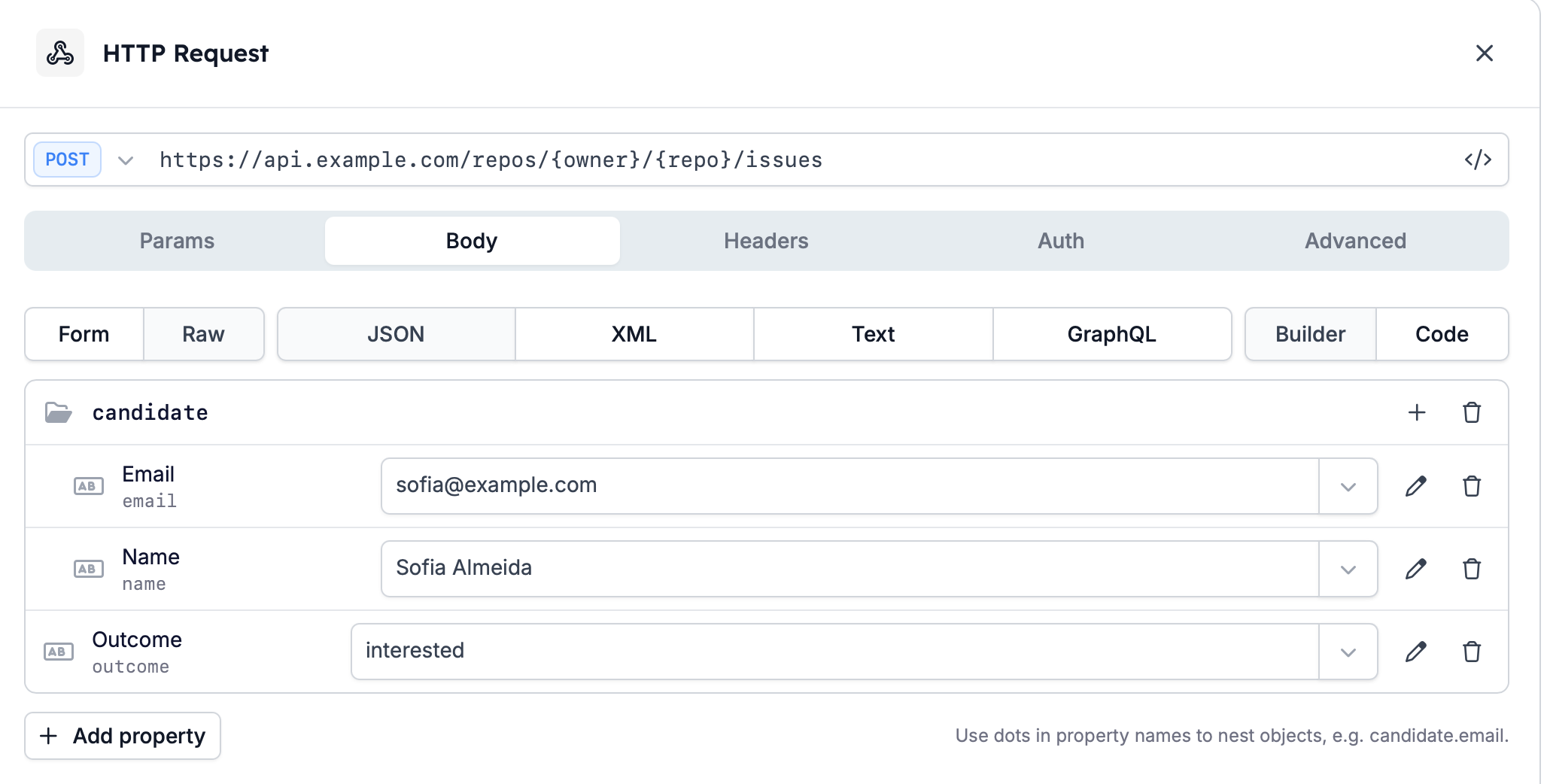 The Body tab on a POST request, set to Raw and JSON, with the Builder and Code controls beside it