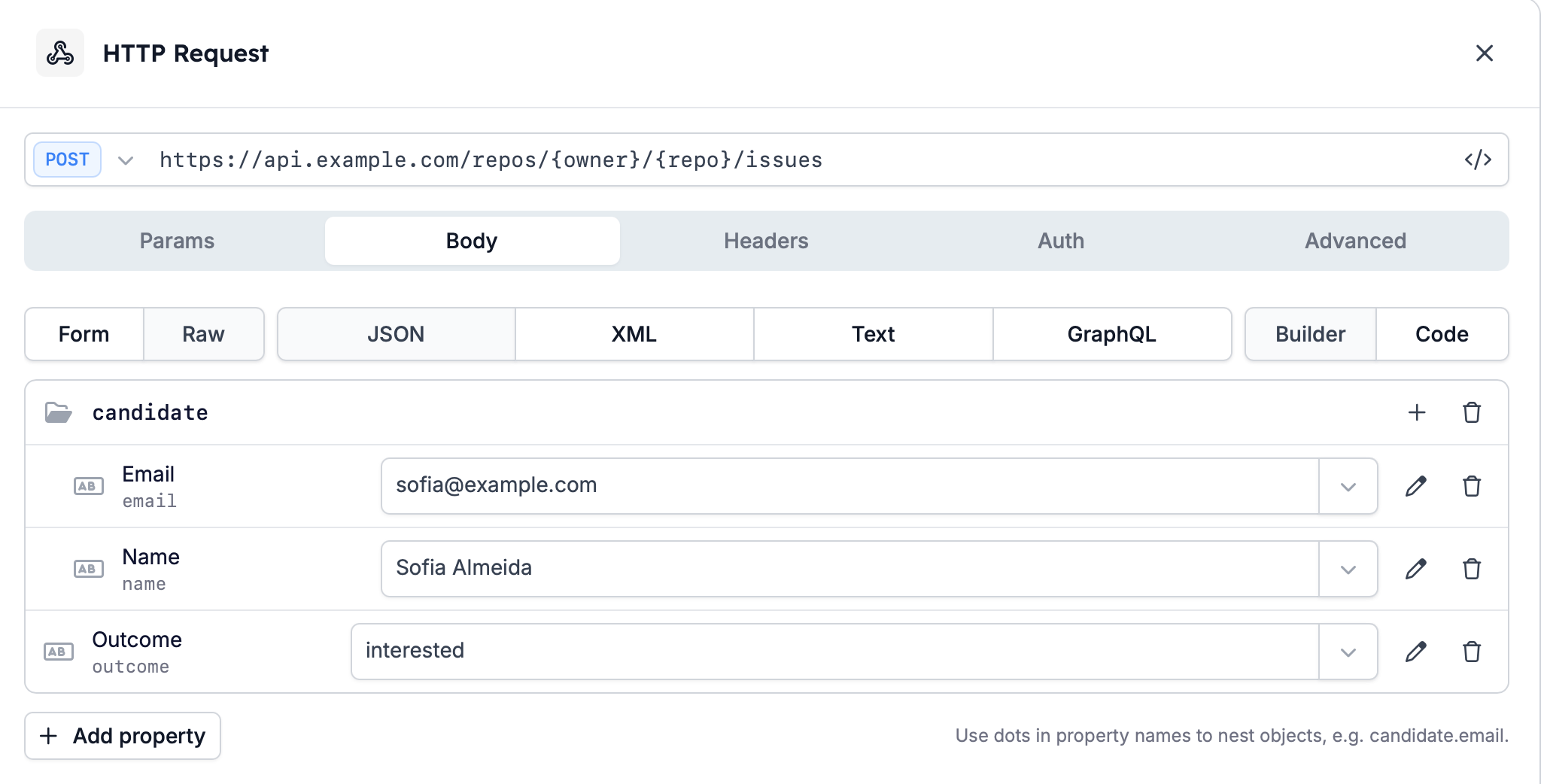 The Body tab on a POST request, set to Raw and JSON, with the Builder and Code controls beside it