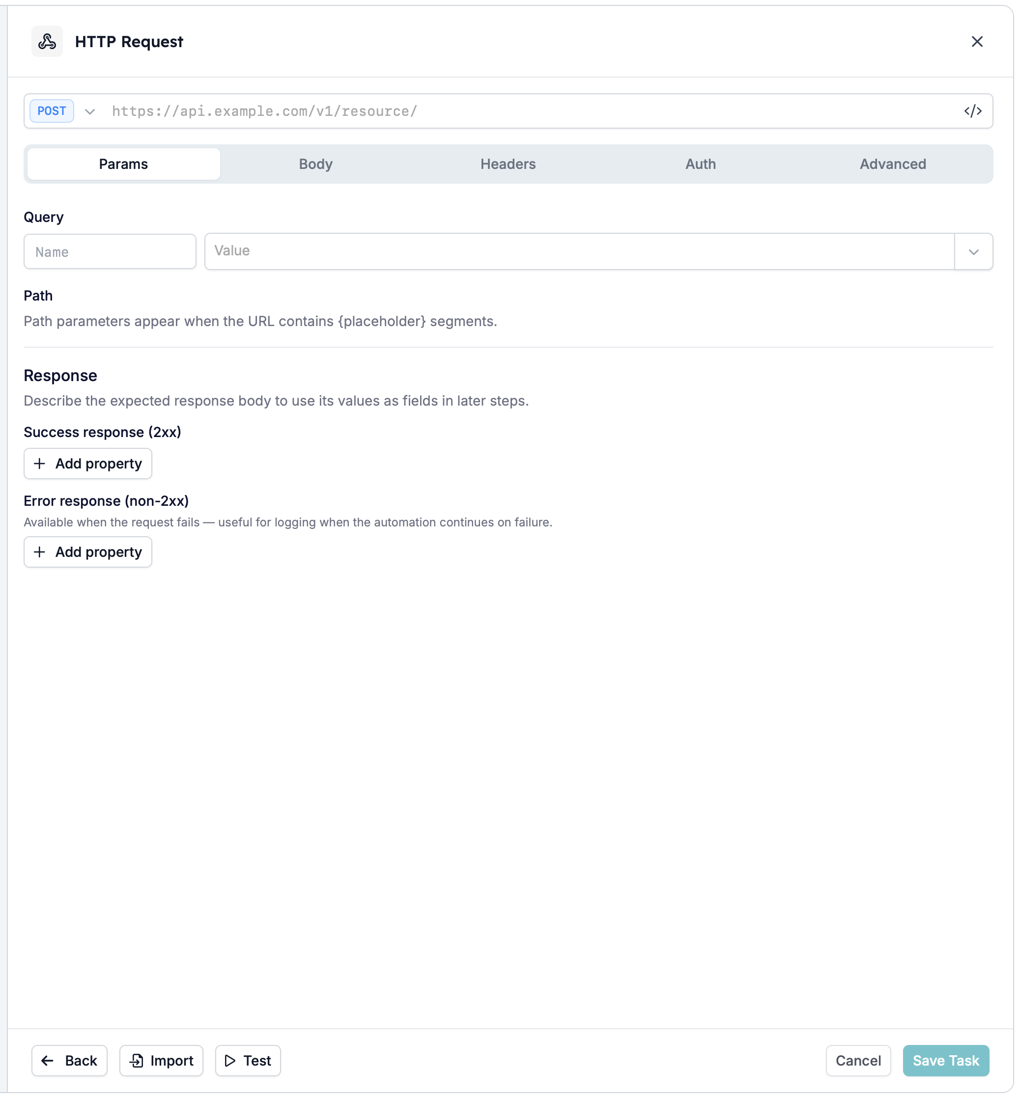 A new HTTP Request task, with the method set to POST and the URL bar showing its placeholder
