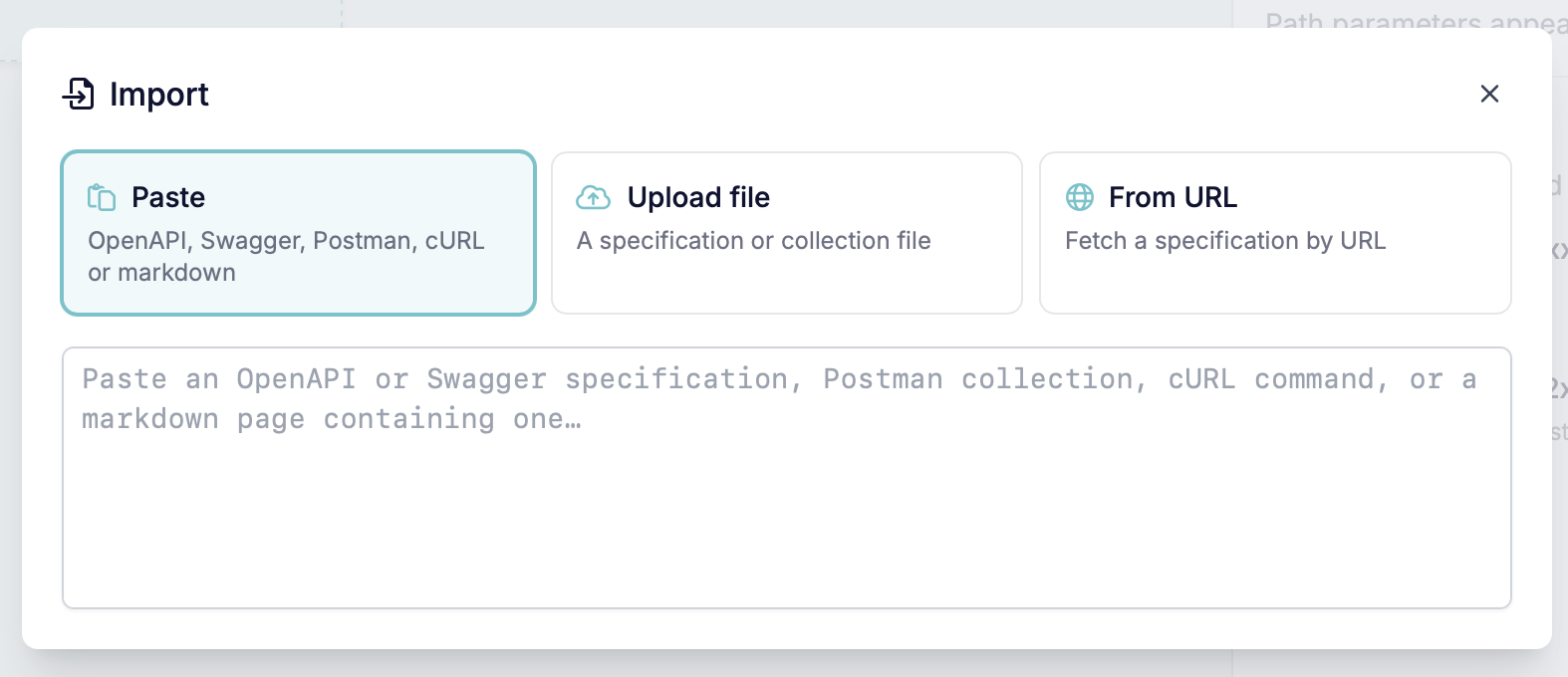The Import dialog offering Paste, Upload file, and From URL