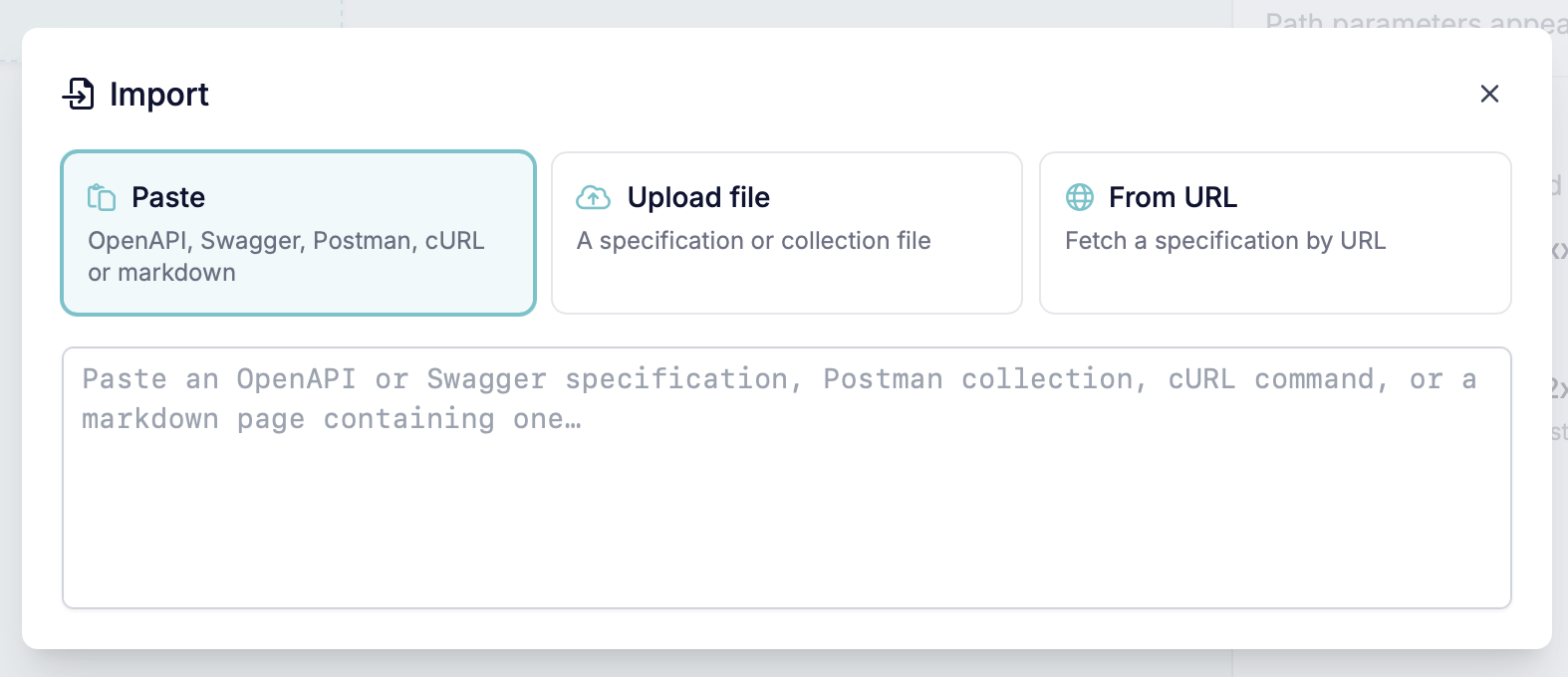 The Import dialog offering Paste, Upload file, and From URL