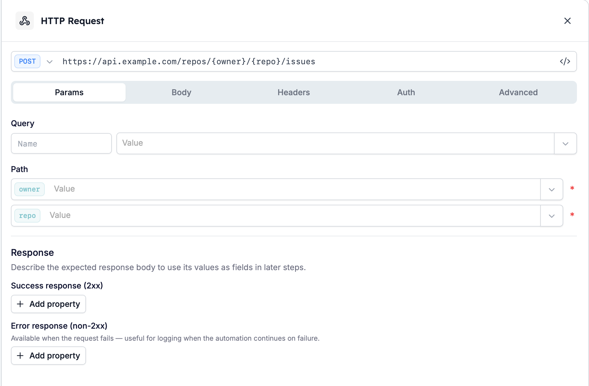 The Params tab with required Path rows for owner and repo, created from the URL
