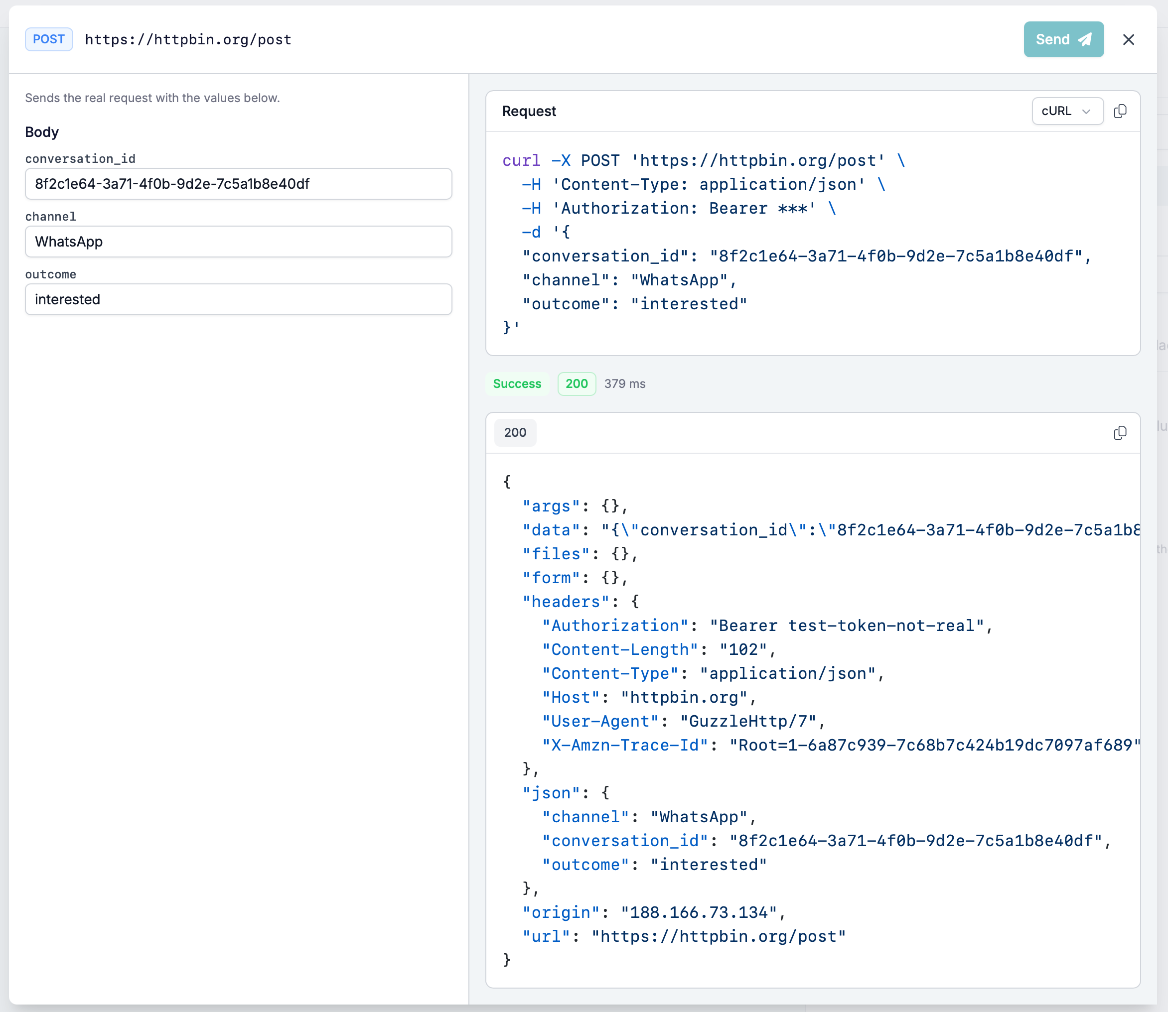 The Test dialog after a successful send, showing the status, code, and duration above the response body