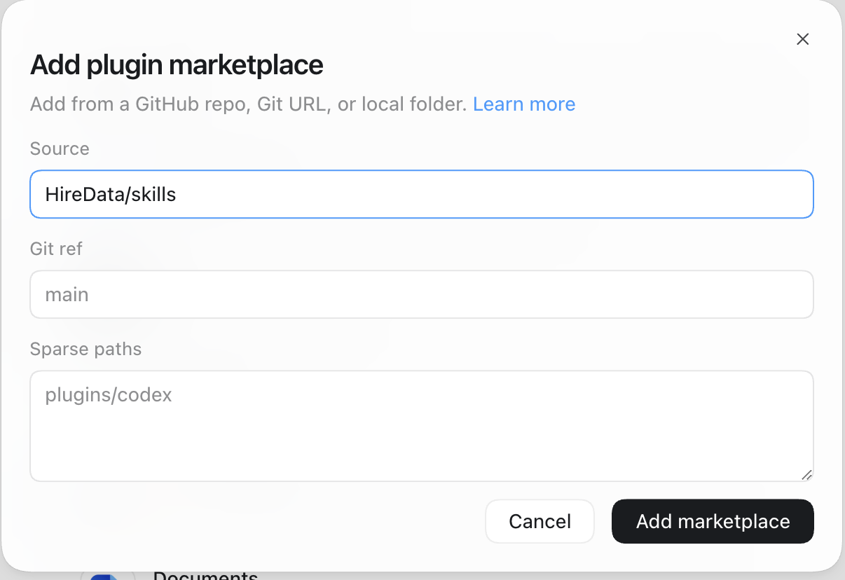 HireData/skills saisi dans le champ Source de la boîte de dialogue Add plugin marketplace de ChatGPT