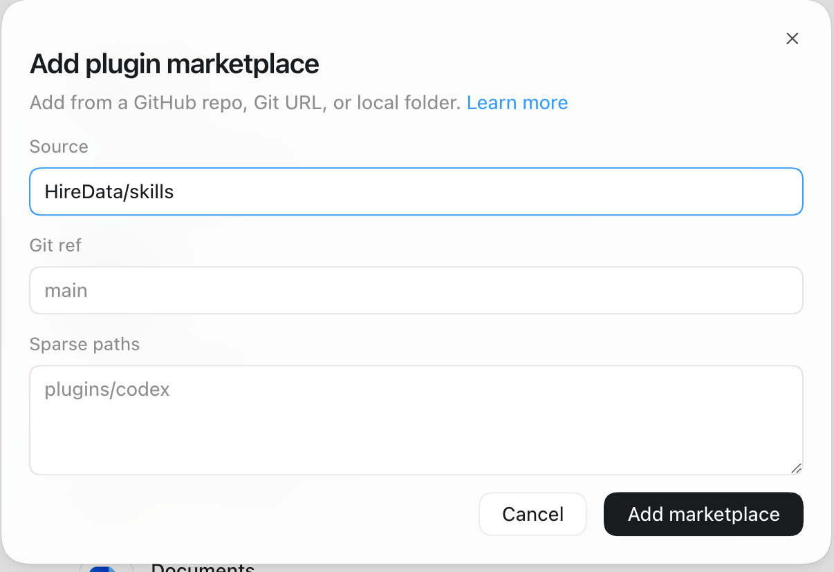 HireData/skills saisi dans le champ Source de la boîte de dialogue Add plugin marketplace de ChatGPT
