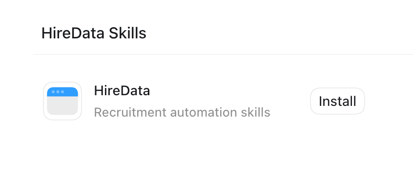 Le plugin HireData avec son bouton Install sous la marketplace HireData Skills dans ChatGPT