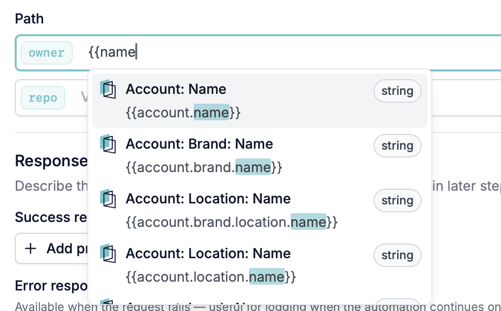 The field picker open on a Value, listing fields from the automation