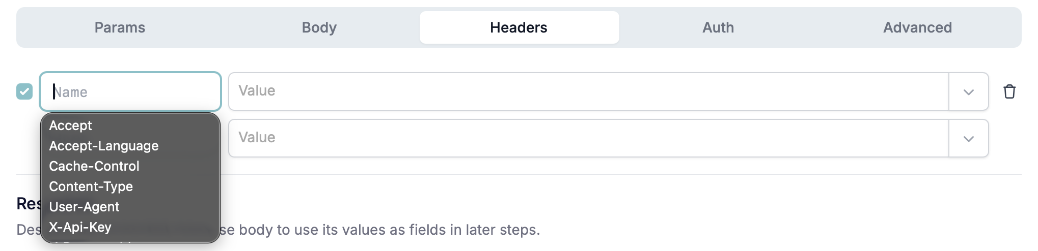 The Headers tab, with the Name combobox suggesting known header names