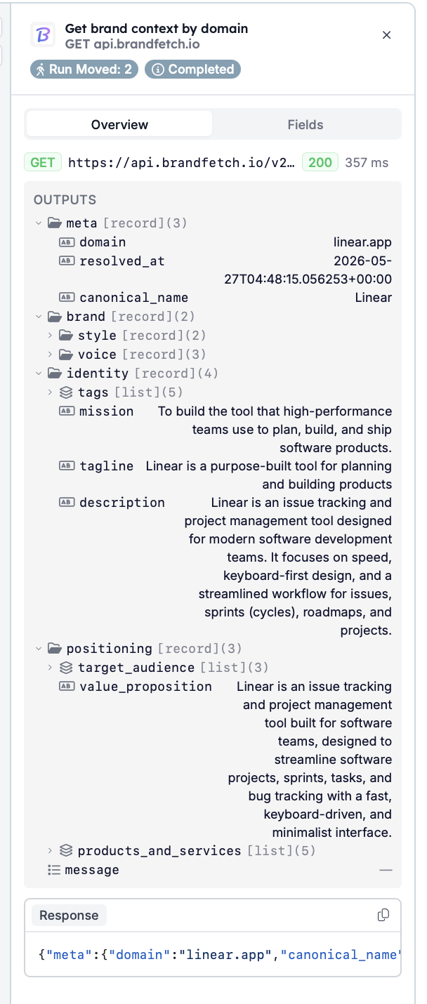 A completed HTTP Request in a run: both sections and the chip row of auth type, timeout, and retries