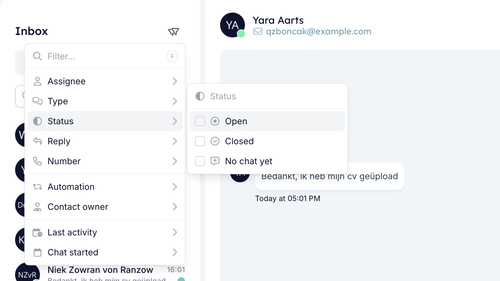 The Status filter in the inbox