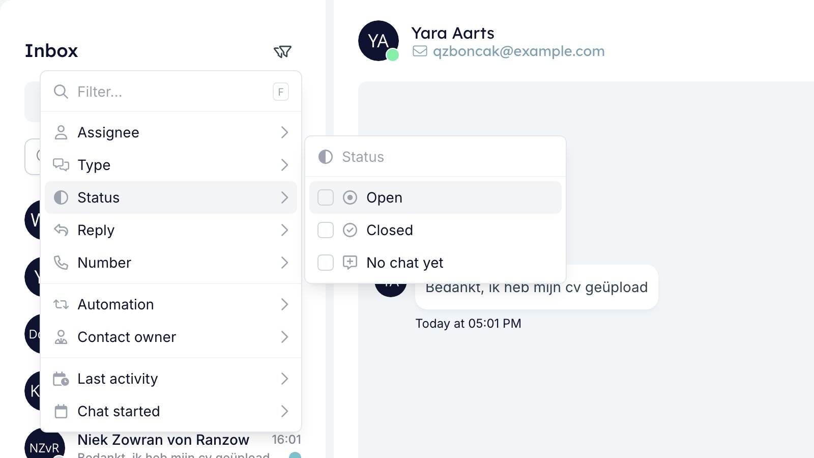 The Status filter in the inbox