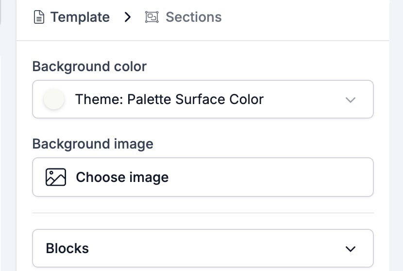 The Section settings panel with Background color above a Background image field holding a Choose image button