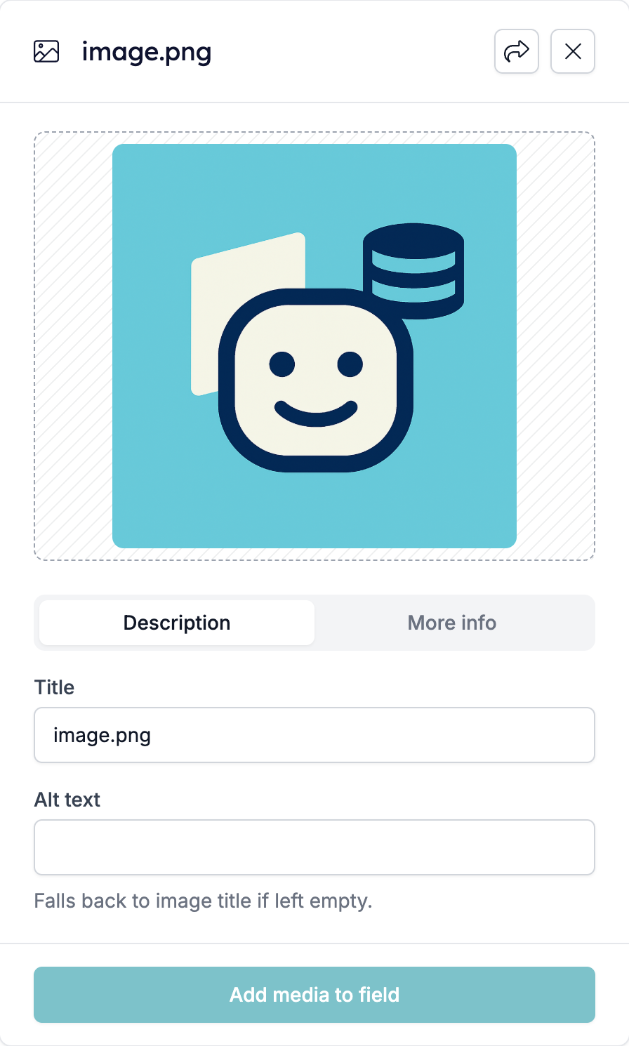 The details card for an uploaded image, with the share and close buttons beside the title, the Description and More info tabs, a Title reading image.png, and an empty Alt text box noting that it falls back to the image title