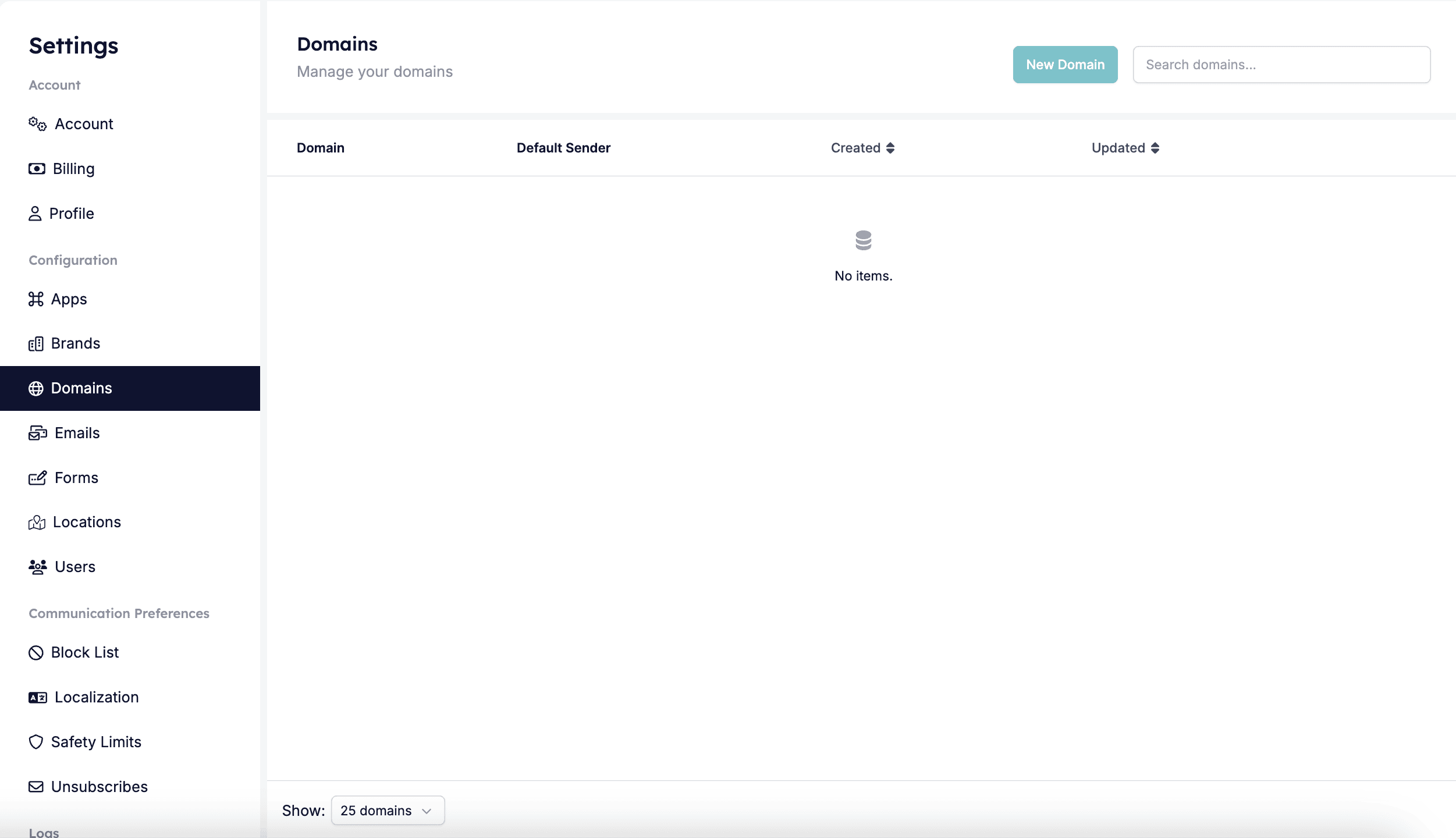 Domains page