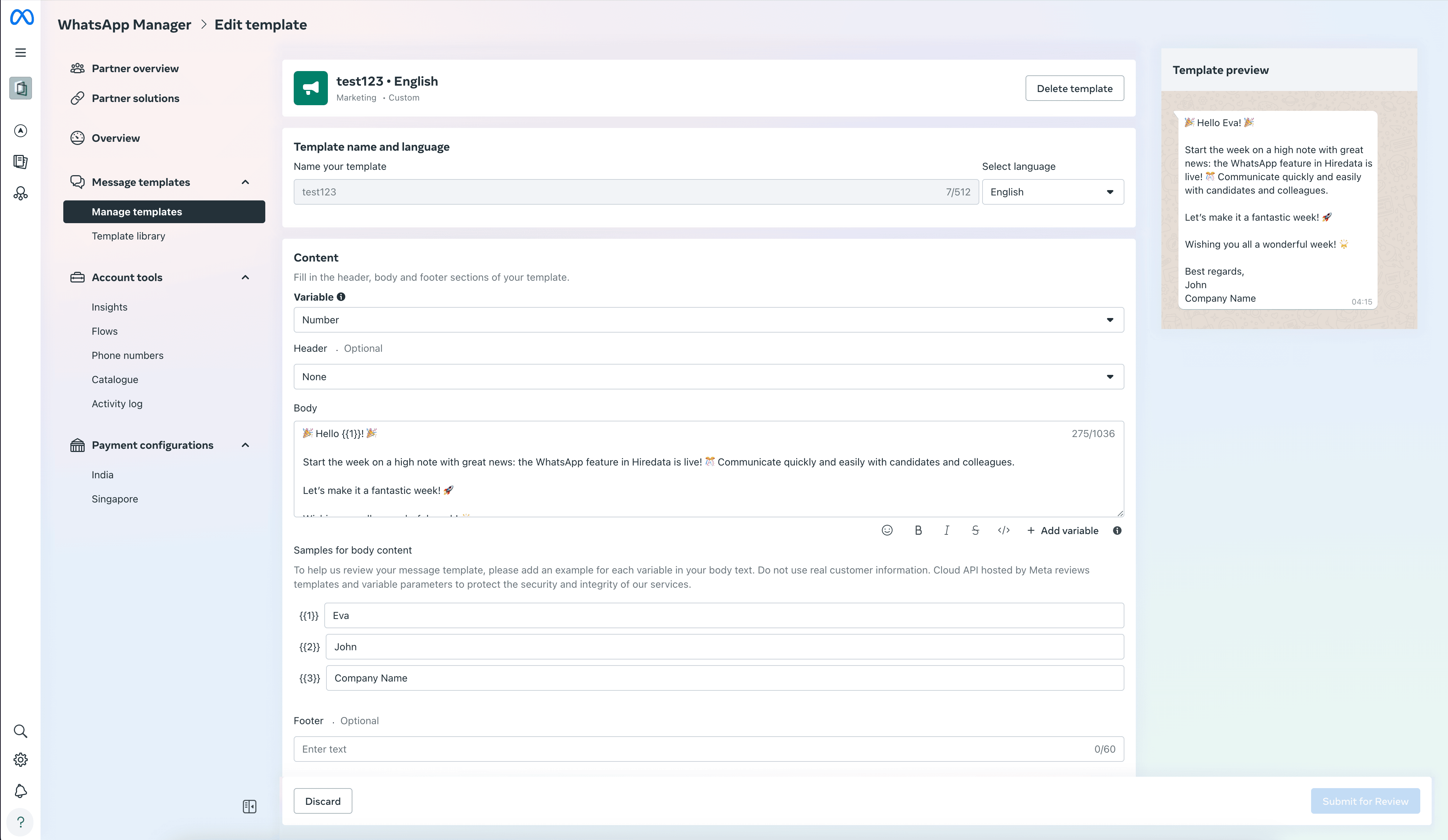 WhatsApp Template editor