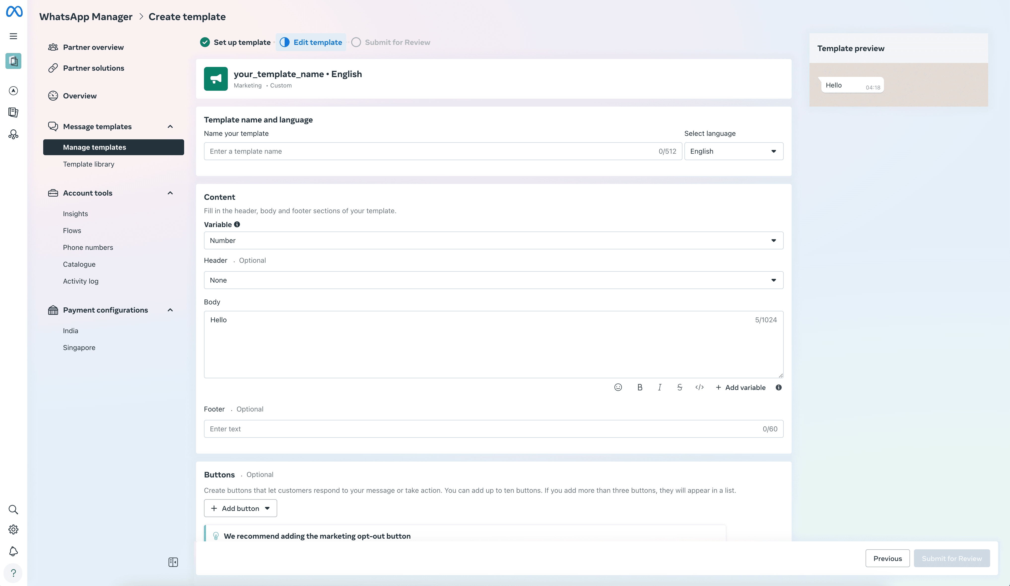Setting up the WhatsApp template in the editor