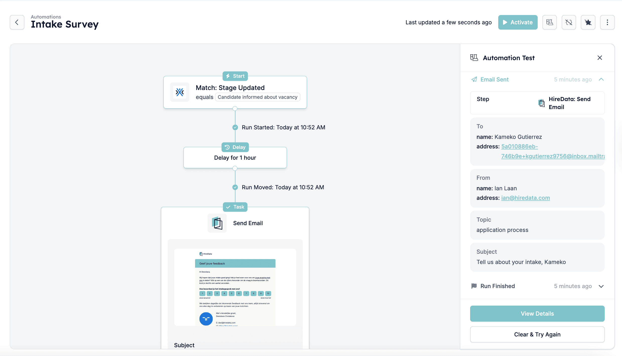 Email Sent step with more details