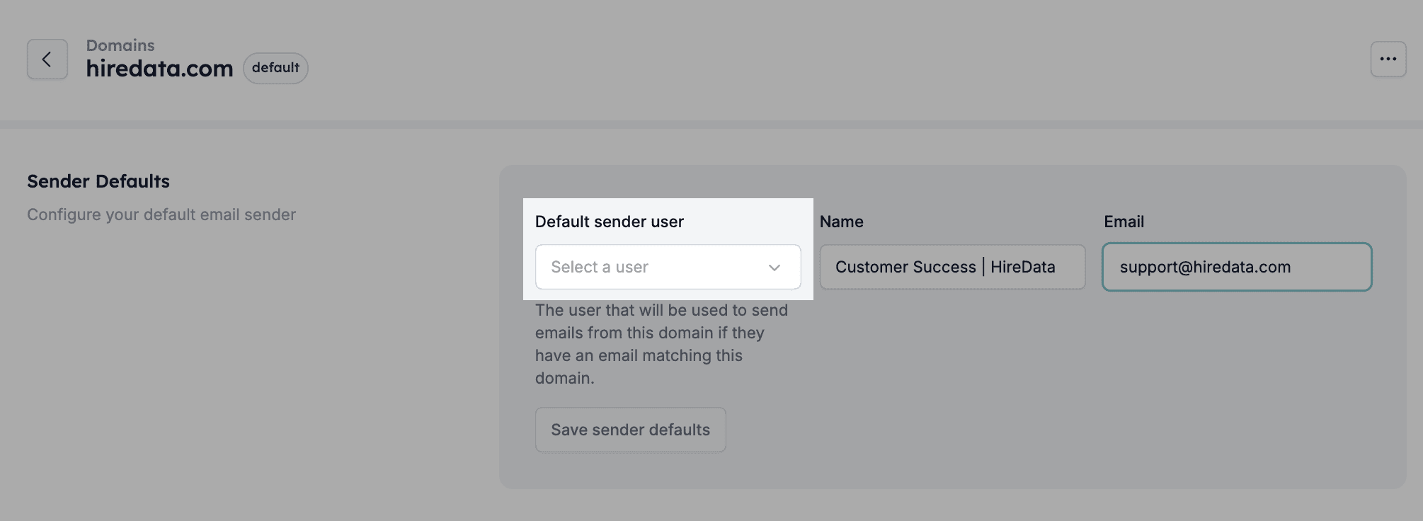 Default sender user drop-down menu