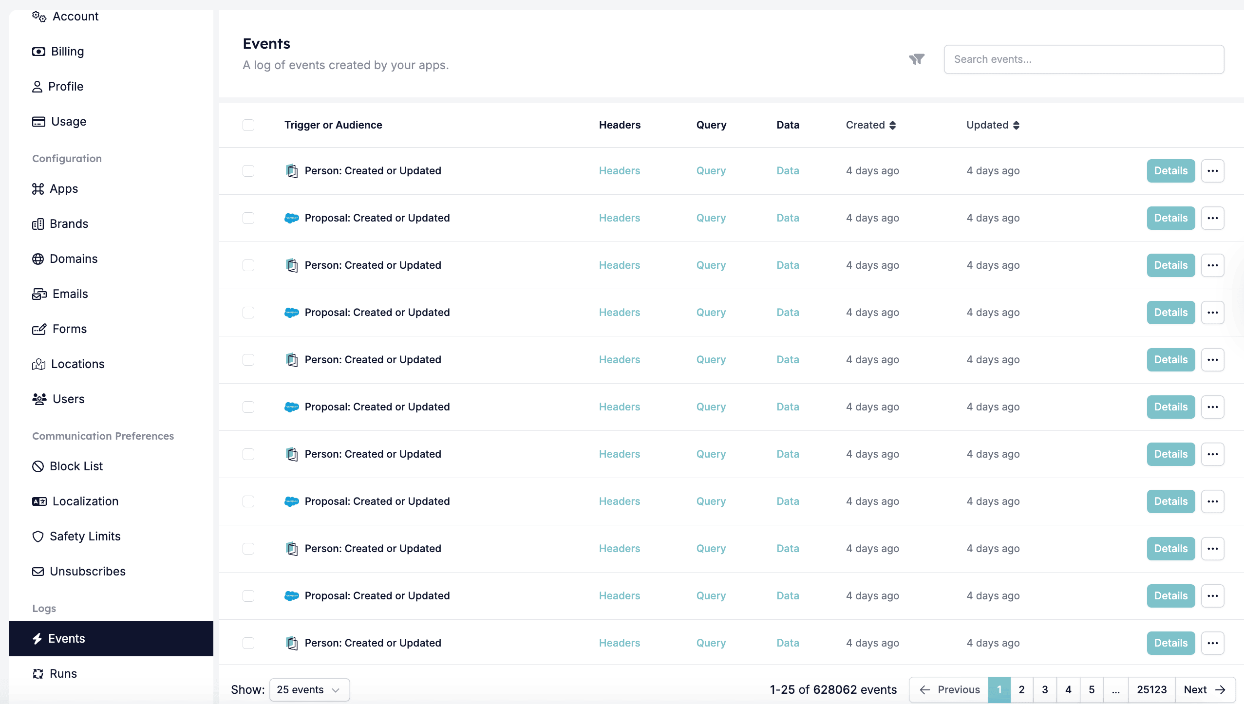 Events page in HireData