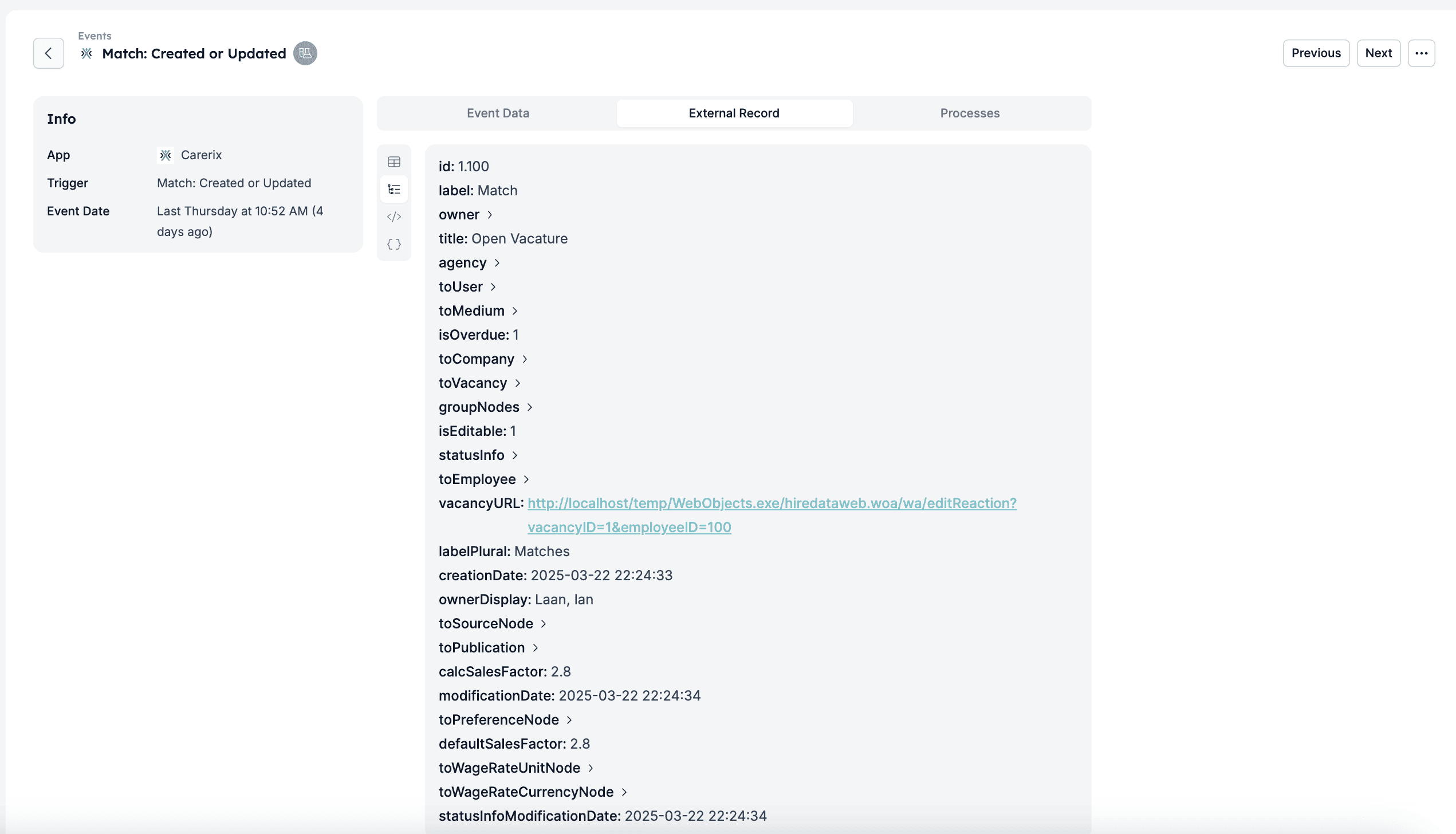 External records tab