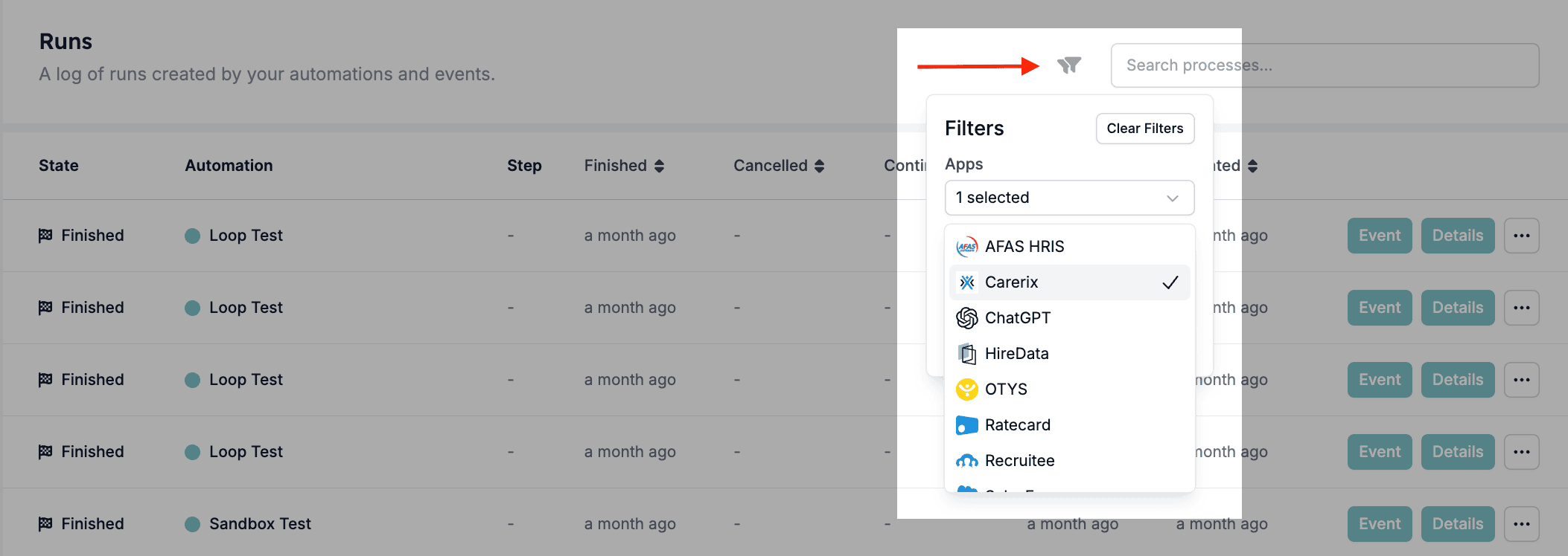 Filtering runs by an app
