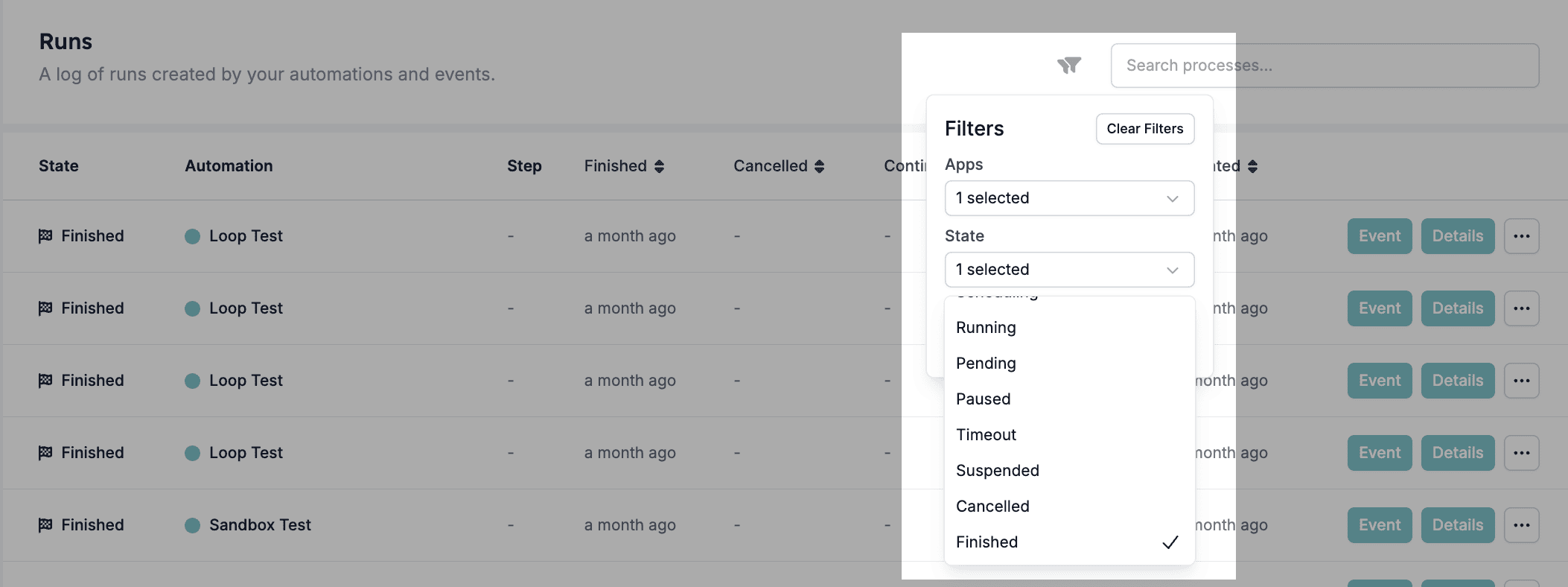 Filtering runs by their state