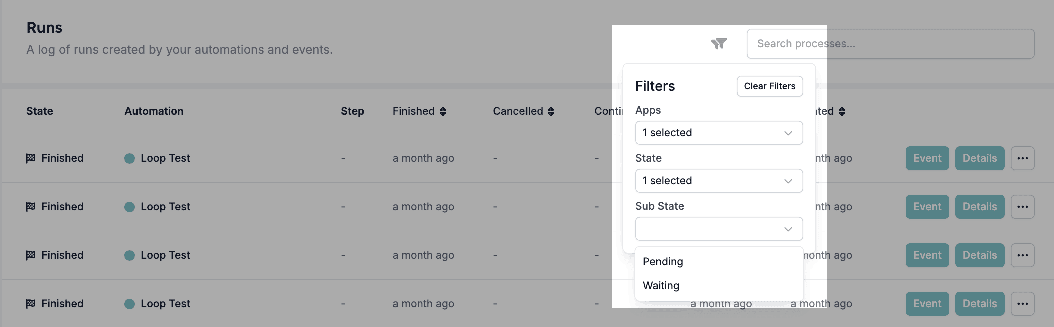Filtering runs by their sub-state