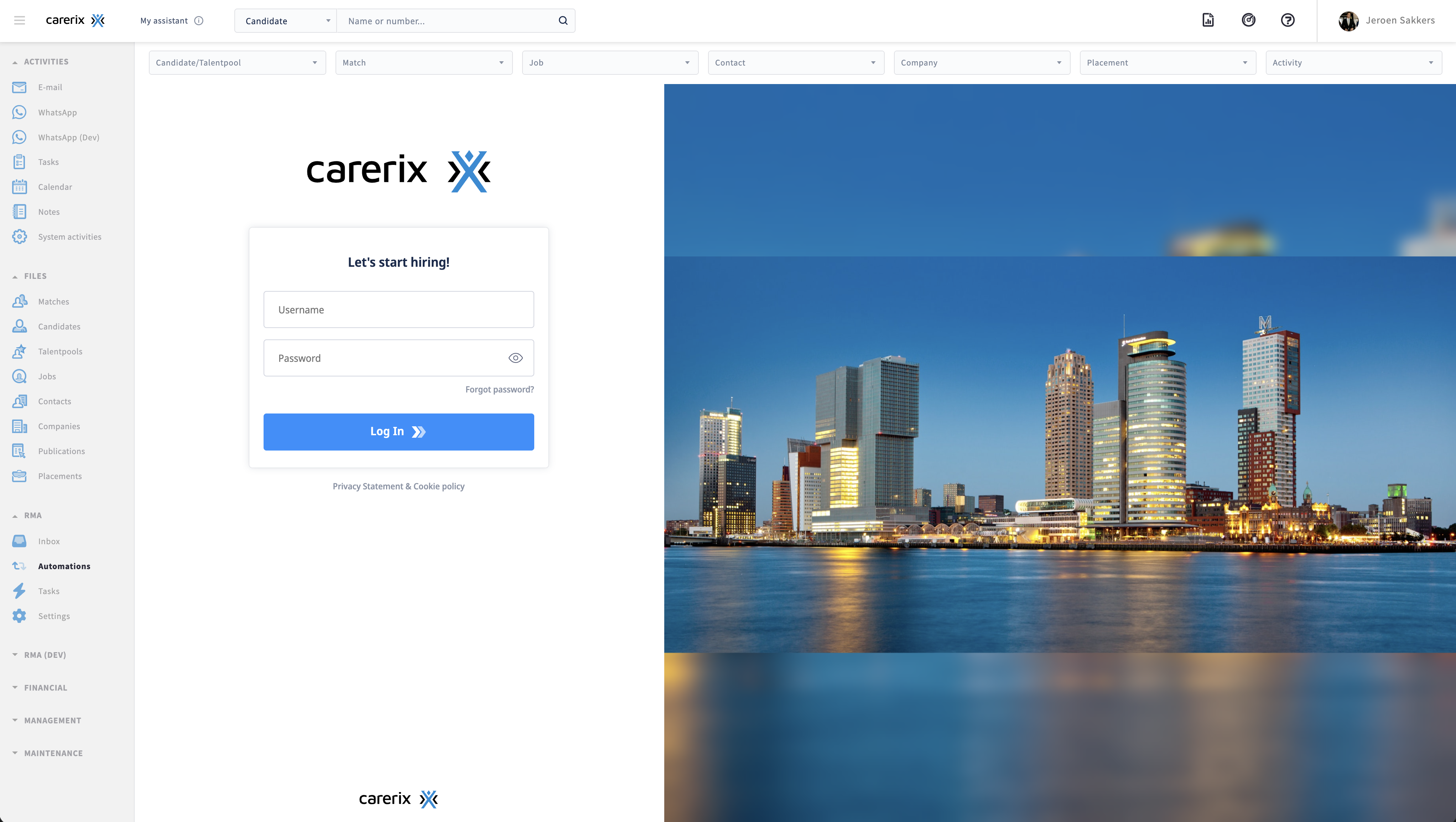 Carerix login screen displayed inside the HireData RMA