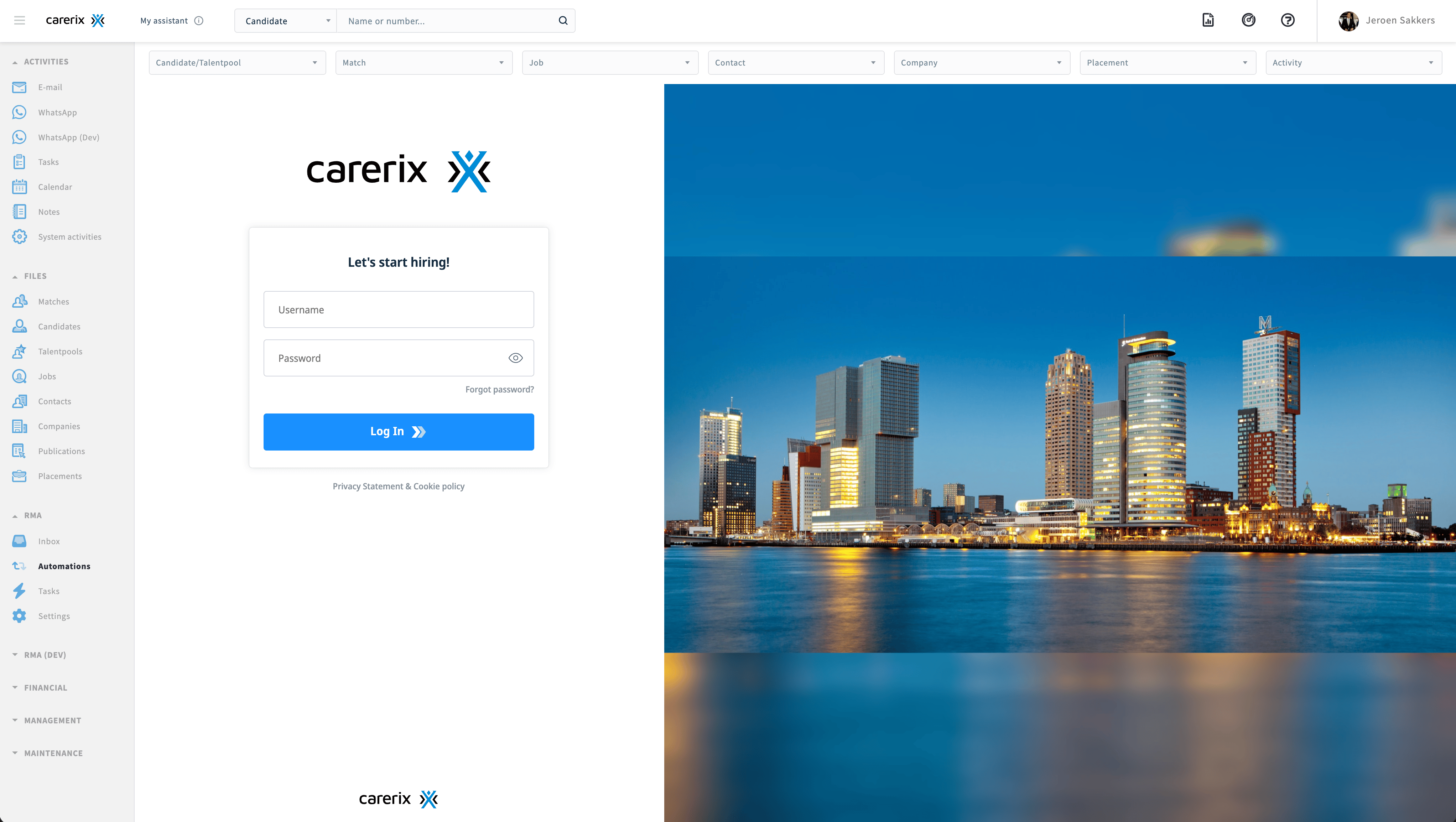Carerix login screen displayed inside the HireData RMA