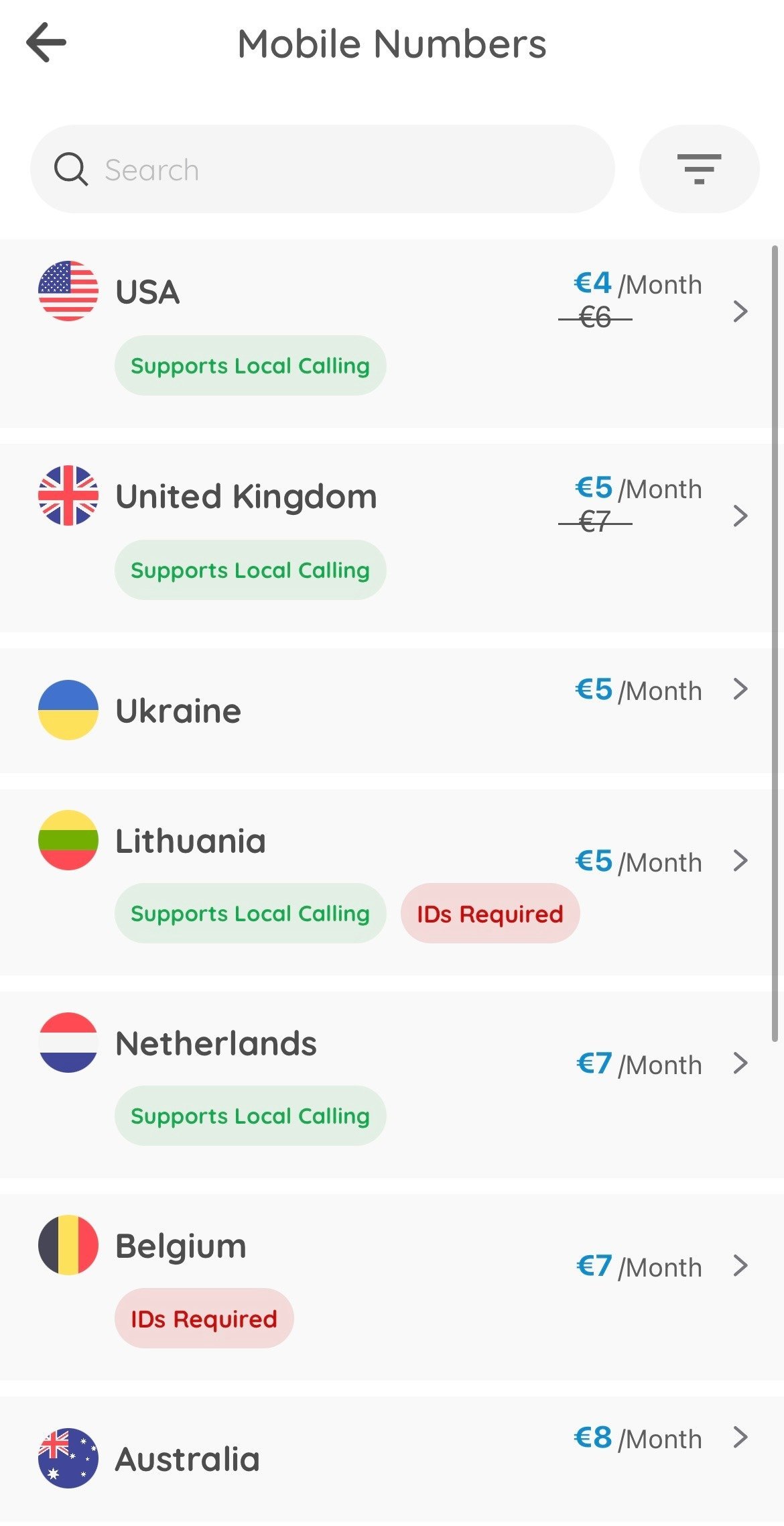 A list of countries that Numero supports