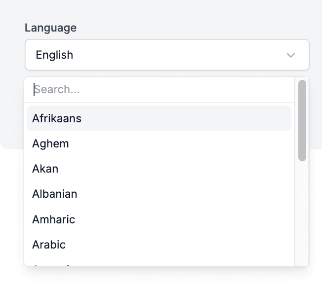 List with languages to choose from