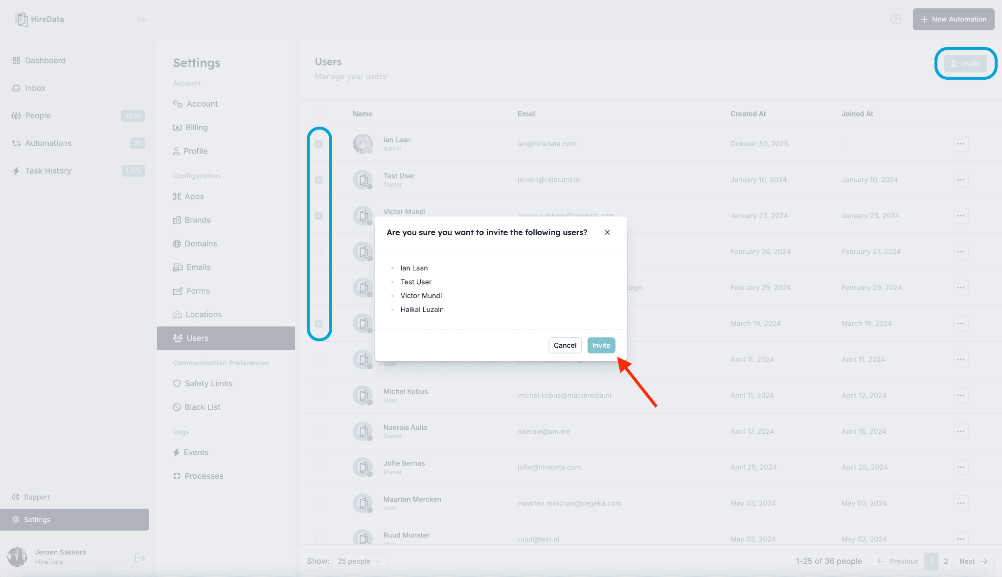 Confirmation screen to invite users