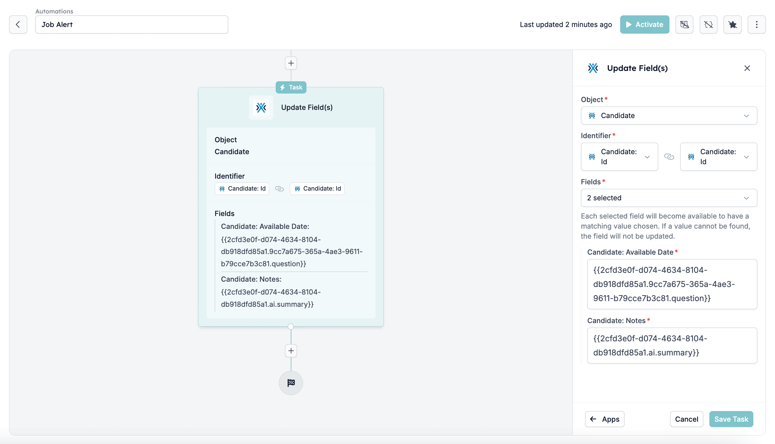 Update fields task set up